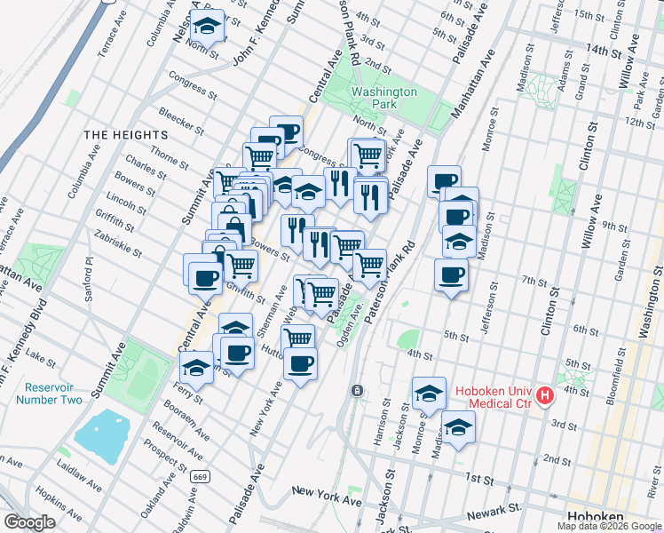 map of restaurants, bars, coffee shops, grocery stores, and more near 52 Bowers Street in Jersey City