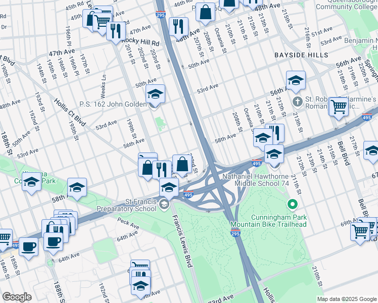 map of restaurants, bars, coffee shops, grocery stores, and more near 58th Avenue & 203rd Street in Queens