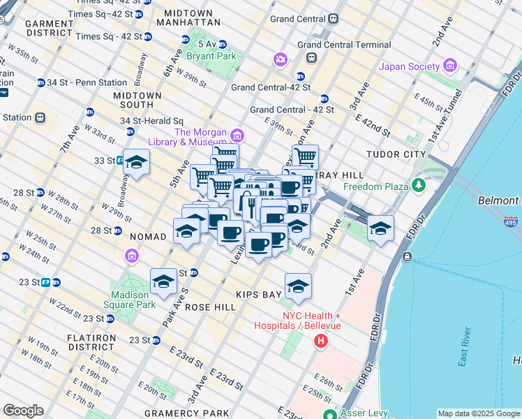 map of restaurants, bars, coffee shops, grocery stores, and more near 225 Lexington Avenue in New York