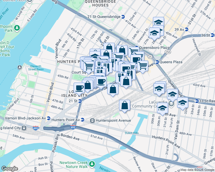 map of restaurants, bars, coffee shops, grocery stores, and more near 45-10 Court Square West in Queens