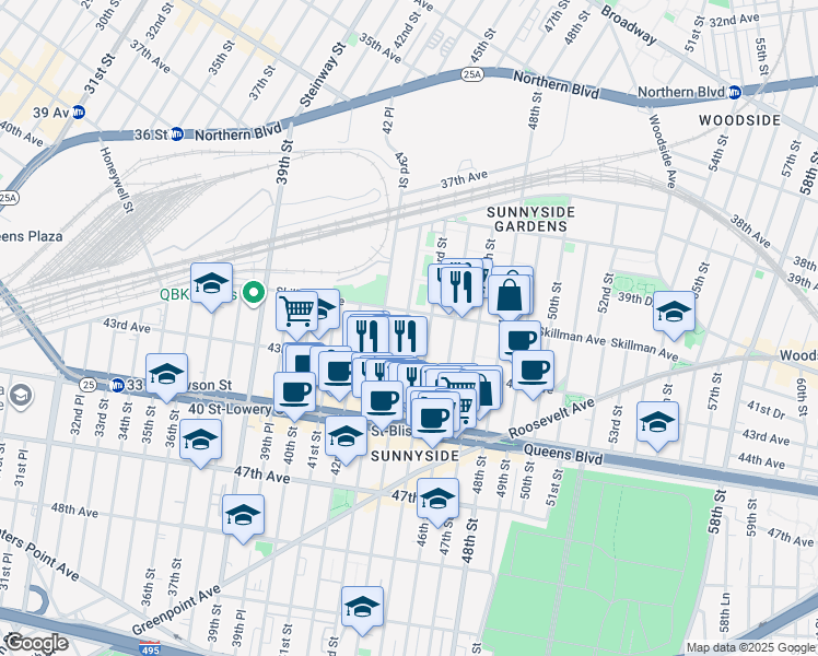 map of restaurants, bars, coffee shops, grocery stores, and more near 41-26 44th Street in Queens