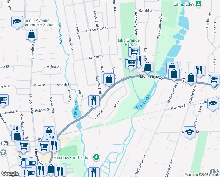 map of restaurants, bars, coffee shops, grocery stores, and more near 73 Sejon Drive in Sayville