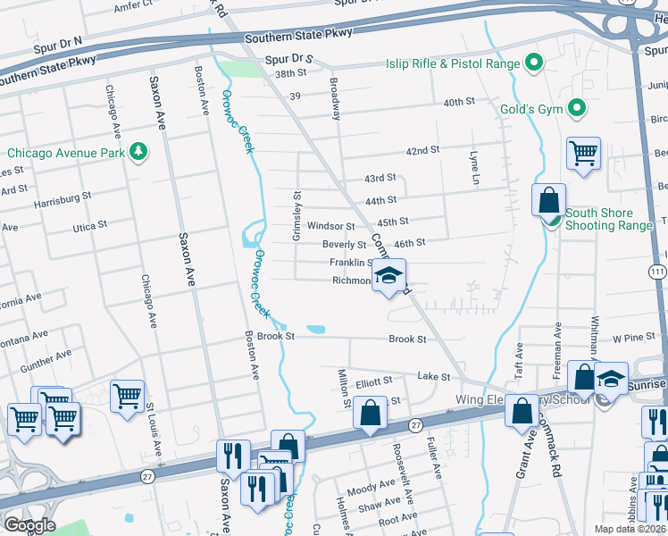 map of restaurants, bars, coffee shops, grocery stores, and more near 27 Richmond Street in Islip