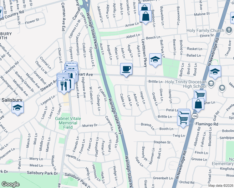 map of restaurants, bars, coffee shops, grocery stores, and more near 19 Cable Lane in Hicksville