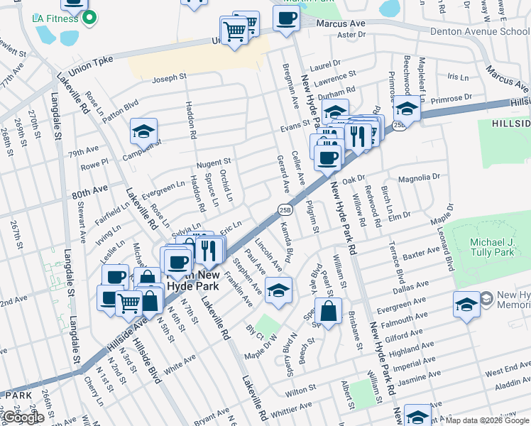 map of restaurants, bars, coffee shops, grocery stores, and more near 1414 Hillside Avenue in New Hyde Park