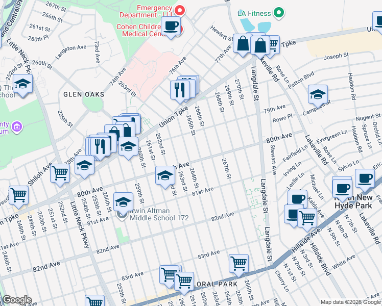 map of restaurants, bars, coffee shops, grocery stores, and more near 79-54 265th Street in Queens