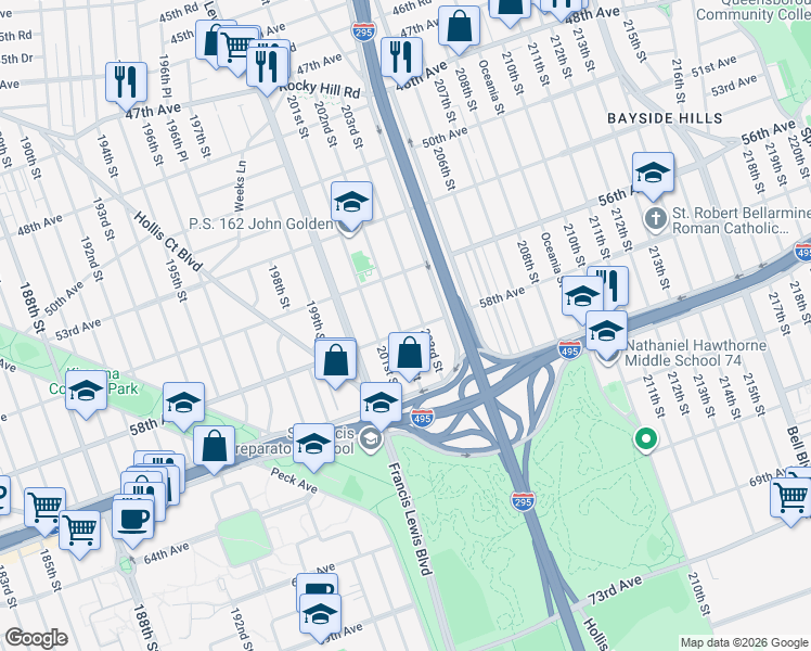 map of restaurants, bars, coffee shops, grocery stores, and more near 58-03 202nd Street in Queens