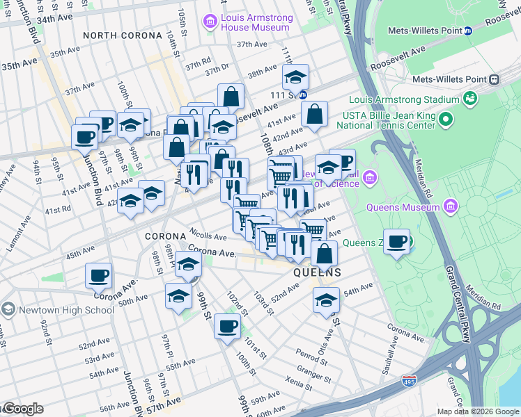map of restaurants, bars, coffee shops, grocery stores, and more near 104-29 47th Avenue in Queens