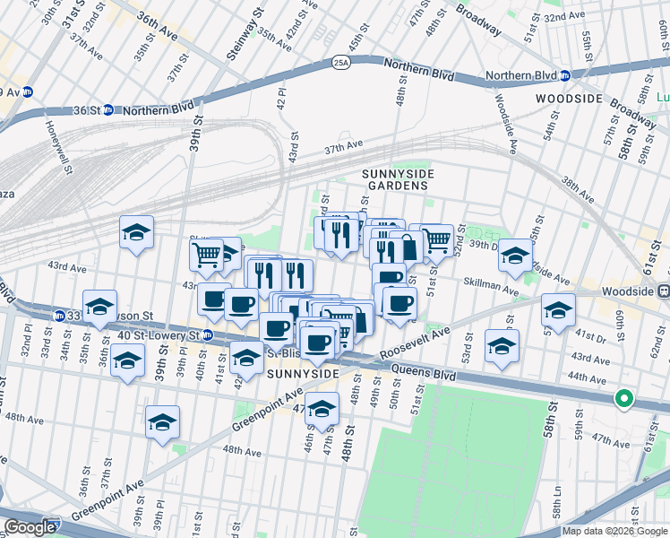map of restaurants, bars, coffee shops, grocery stores, and more near 4120 46th Street in Queens