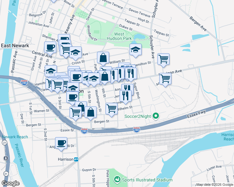 map of restaurants, bars, coffee shops, grocery stores, and more near 620 Jersey Street in Harrison