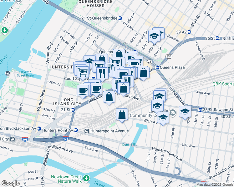 map of restaurants, bars, coffee shops, grocery stores, and more near 2510 Court Sq in Queens