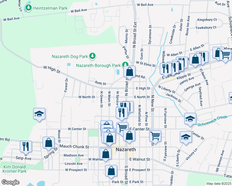 map of restaurants, bars, coffee shops, grocery stores, and more near 215 North Spruce Street in Nazareth