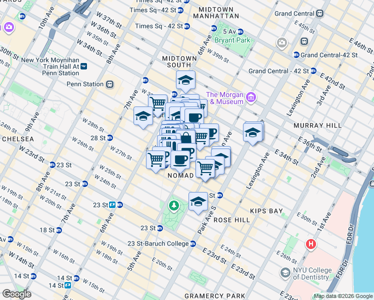 map of restaurants, bars, coffee shops, grocery stores, and more near 11 West 30th Street in New York