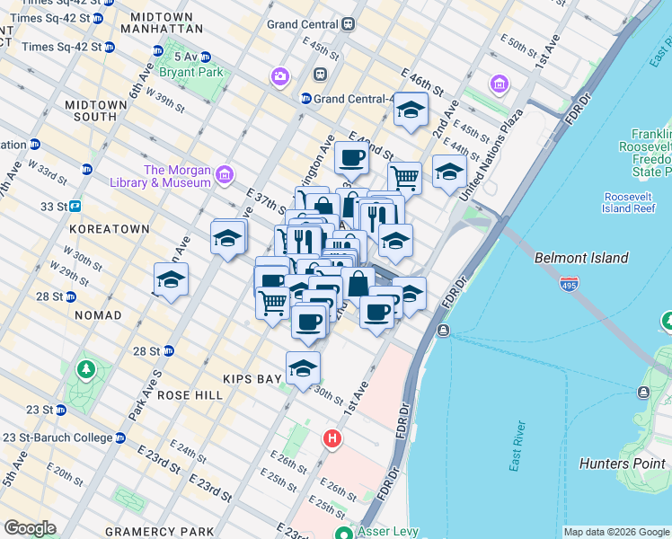 map of restaurants, bars, coffee shops, grocery stores, and more near 245e East 36th Street in New York