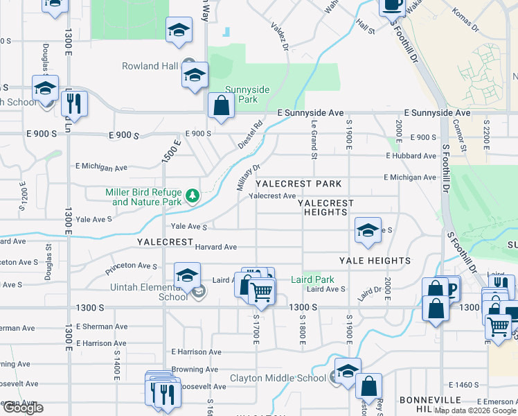 map of restaurants, bars, coffee shops, grocery stores, and more near 1722 Herbert Avenue South in Salt Lake City