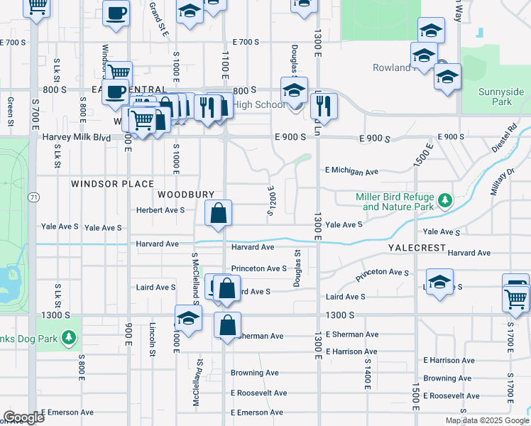 map of restaurants, bars, coffee shops, grocery stores, and more near 1205 Yale Avenue South in Salt Lake City