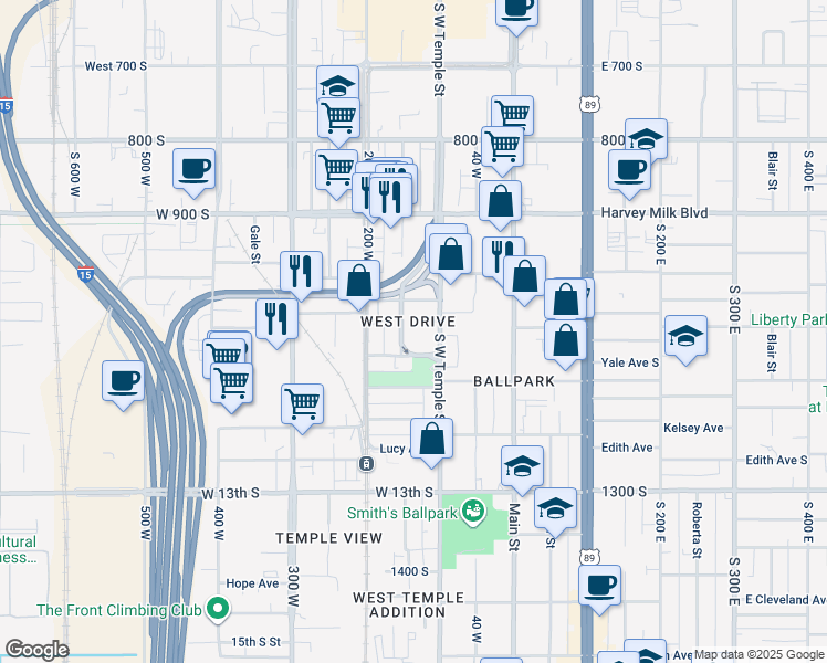 map of restaurants, bars, coffee shops, grocery stores, and more near 1062 Jefferson Street West in Salt Lake City