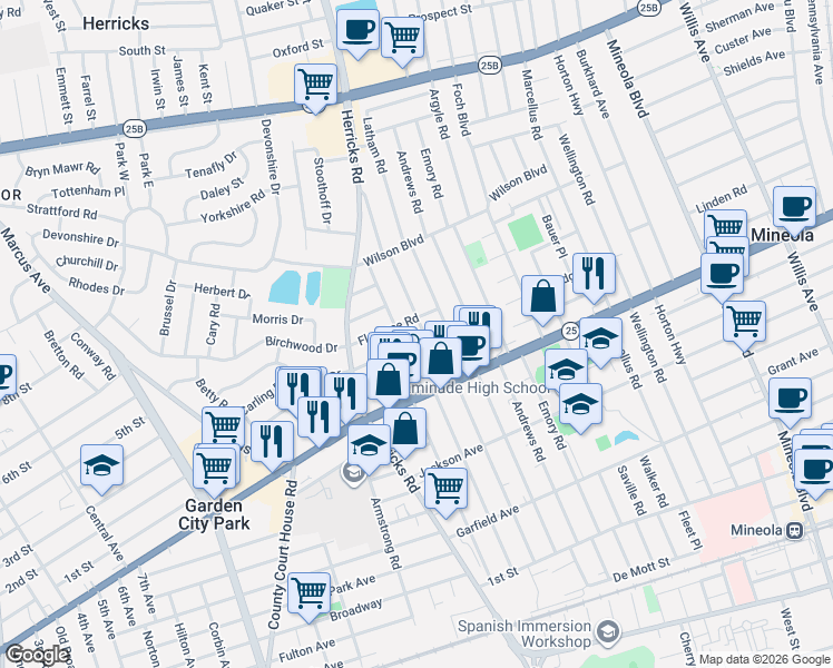 map of restaurants, bars, coffee shops, grocery stores, and more near 310 White Road in Mineola