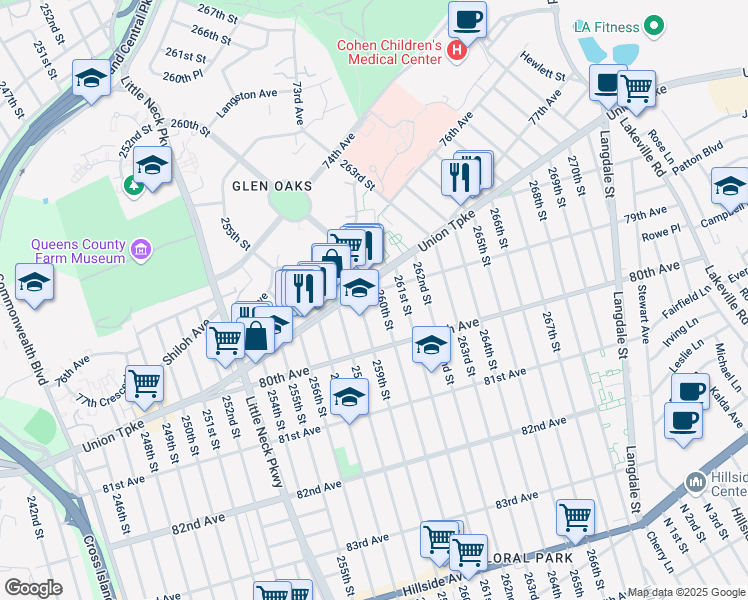 map of restaurants, bars, coffee shops, grocery stores, and more near 79-19 260th Street in Queens