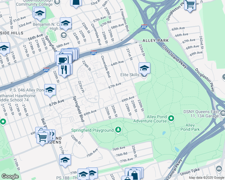 map of restaurants, bars, coffee shops, grocery stores, and more near 67-27 Cloverdale Boulevard in Queens