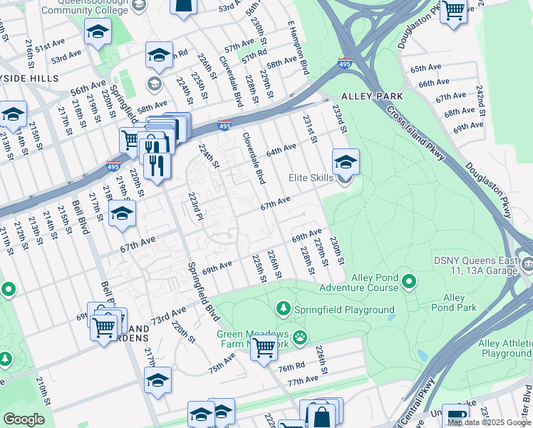 map of restaurants, bars, coffee shops, grocery stores, and more near 67-27 Cloverdale Boulevard in Queens