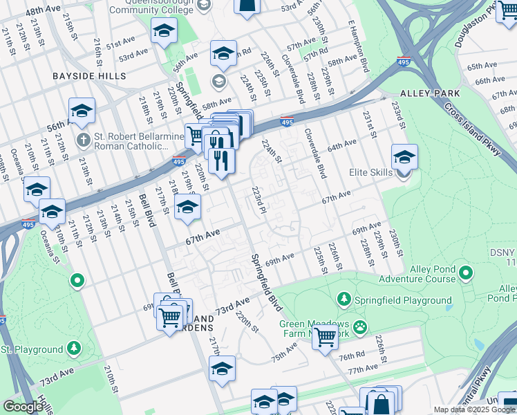 map of restaurants, bars, coffee shops, grocery stores, and more near 6524 223rd Place in Queens