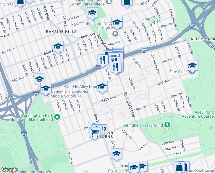 map of restaurants, bars, coffee shops, grocery stores, and more near 64-19 219th Street in Queens