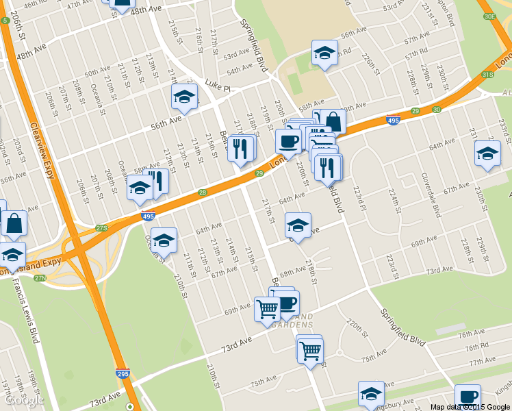map of restaurants, bars, coffee shops, grocery stores, and more near 215-15 64th Avenue in Queens