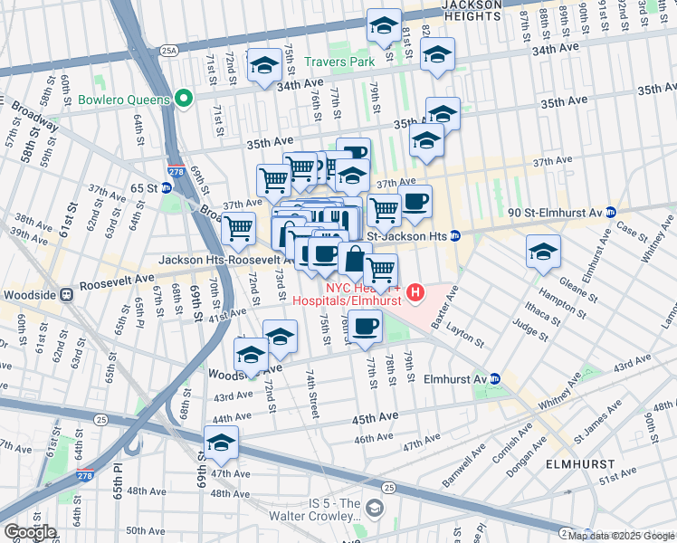 map of restaurants, bars, coffee shops, grocery stores, and more near 75-32 Broadway in Queens
