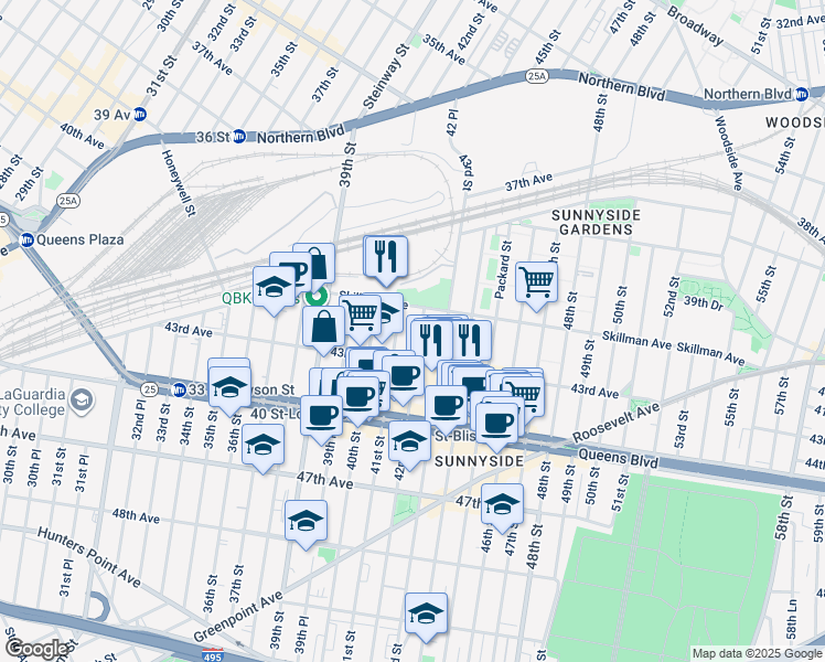 map of restaurants, bars, coffee shops, grocery stores, and more near 41-33 42nd Street in Queens