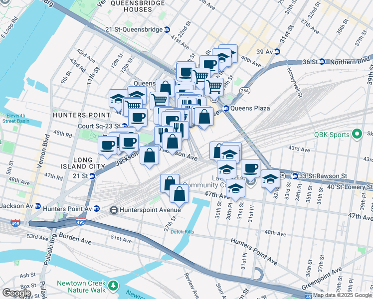 map of restaurants, bars, coffee shops, grocery stores, and more near 28-31 Thomson Avenue in Queens