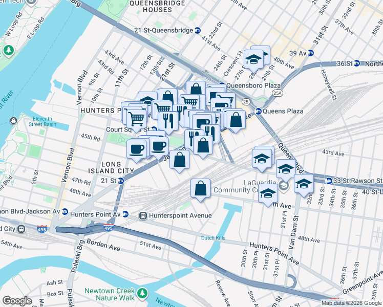 map of restaurants, bars, coffee shops, grocery stores, and more near 25-26 New York 25A in Queens