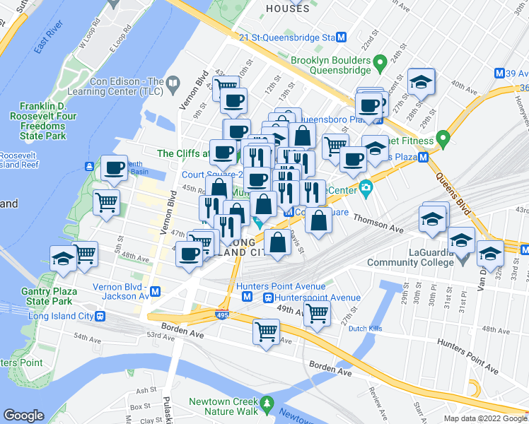 map of restaurants, bars, coffee shops, grocery stores, and more near 21-21 46th Avenue in Queens