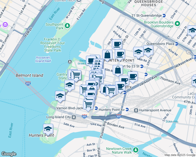map of restaurants, bars, coffee shops, grocery stores, and more near 46-31 Vernon Boulevard in Queens