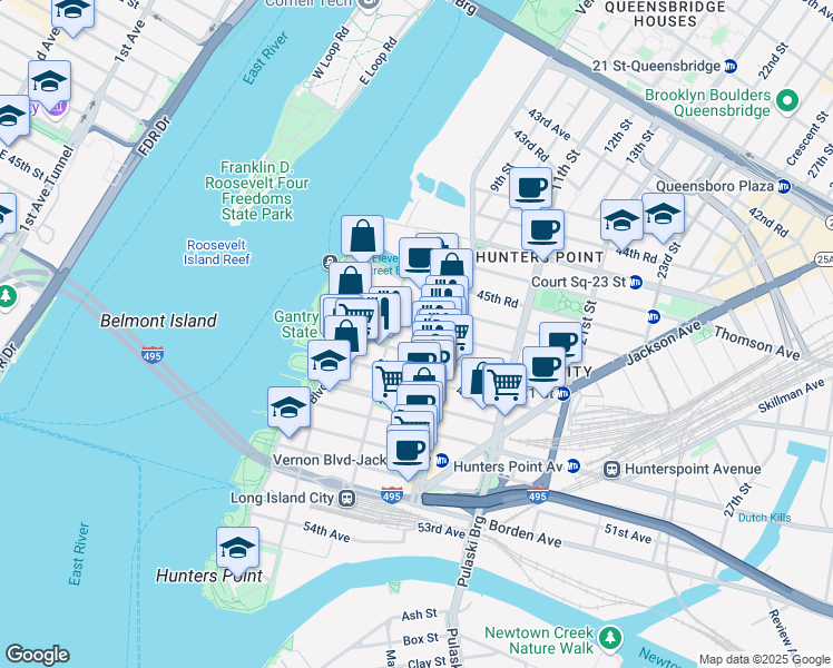 map of restaurants, bars, coffee shops, grocery stores, and more near 5-11 47th Avenue in Queens