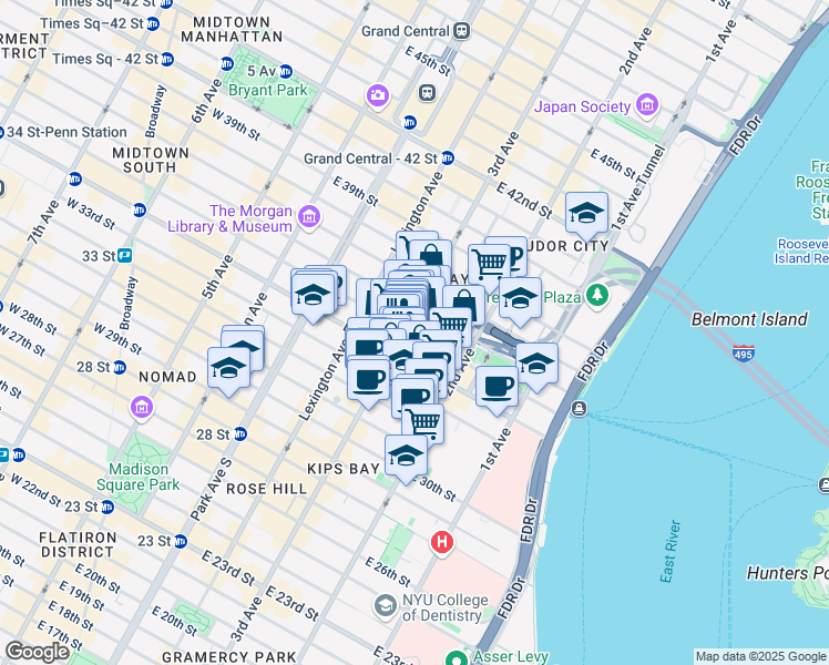map of restaurants, bars, coffee shops, grocery stores, and more near 214 East 35th Street in New York
