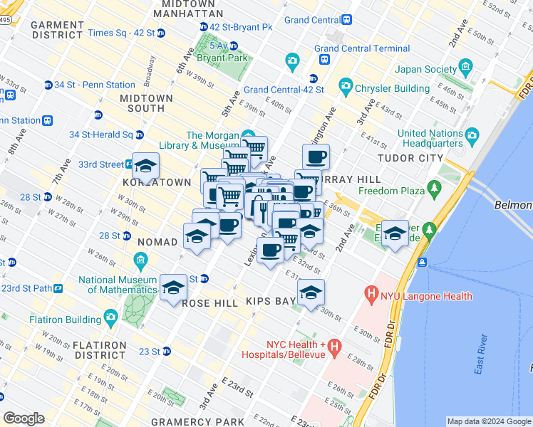 map of restaurants, bars, coffee shops, grocery stores, and more near 225 Lexington Avenue in New York