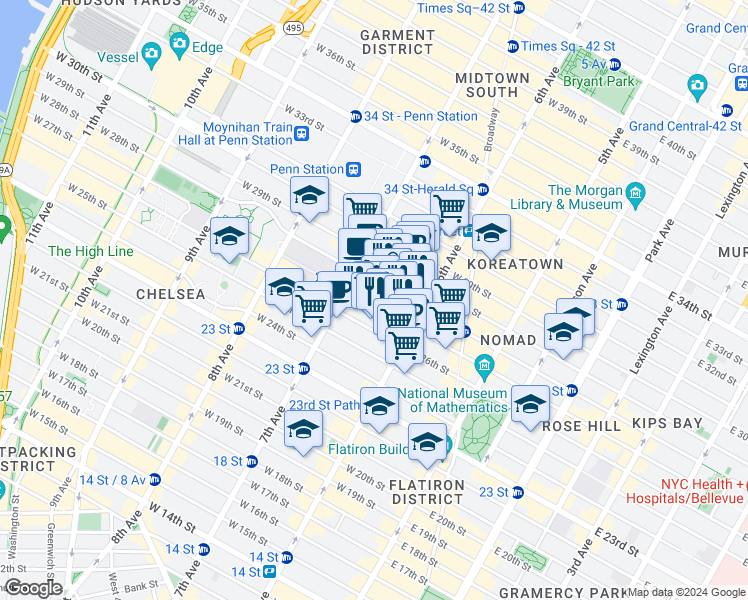 map of restaurants, bars, coffee shops, grocery stores, and more near 121 West 27th Street in New York