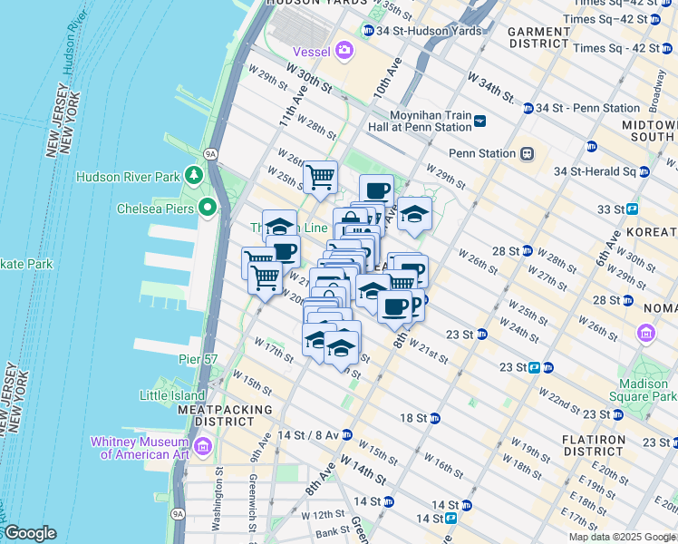 map of restaurants, bars, coffee shops, grocery stores, and more near 414 West 22nd Street in New York