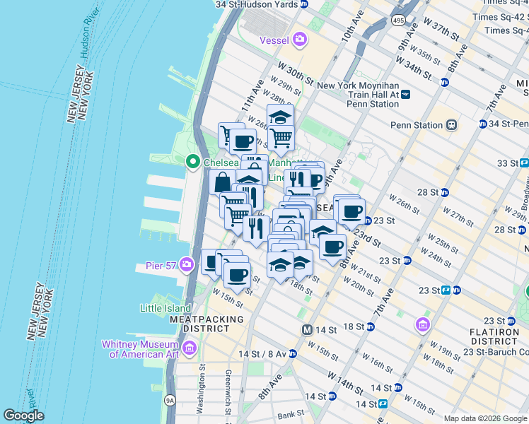 map of restaurants, bars, coffee shops, grocery stores, and more near 445 West 21st Street in New York