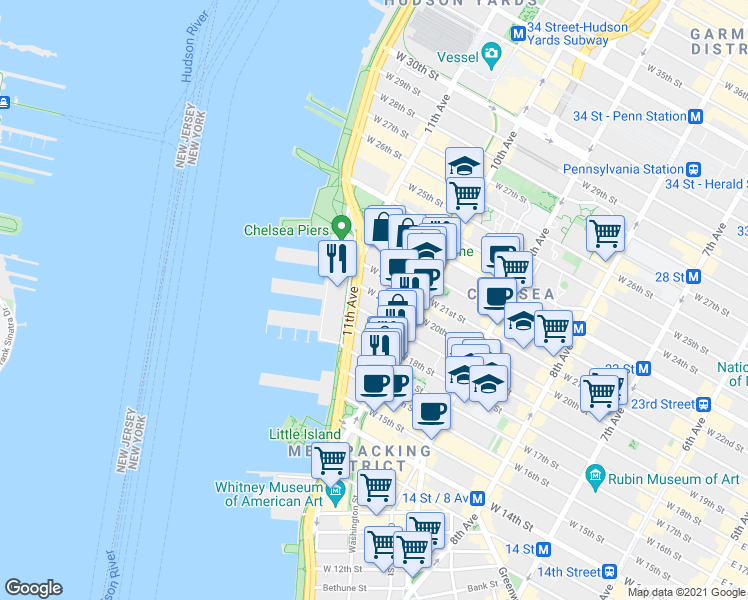 map of restaurants, bars, coffee shops, grocery stores, and more near 521 West 19th Street in New York