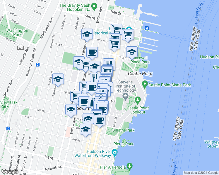 map of restaurants, bars, coffee shops, grocery stores, and more near 799 Washington Street in Hoboken