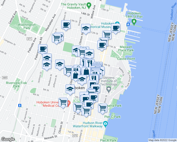 map of restaurants, bars, coffee shops, grocery stores, and more near 727 Park Avenue in Hoboken