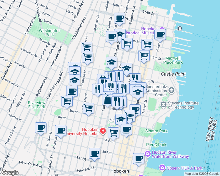 map of restaurants, bars, coffee shops, grocery stores, and more near 722 Willow Avenue in Hoboken