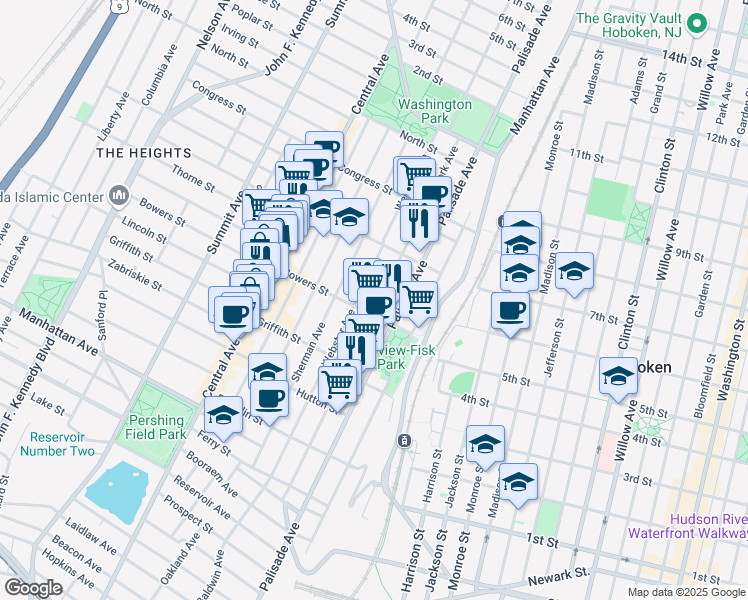 map of restaurants, bars, coffee shops, grocery stores, and more near 52 Bowers Street in Jersey City