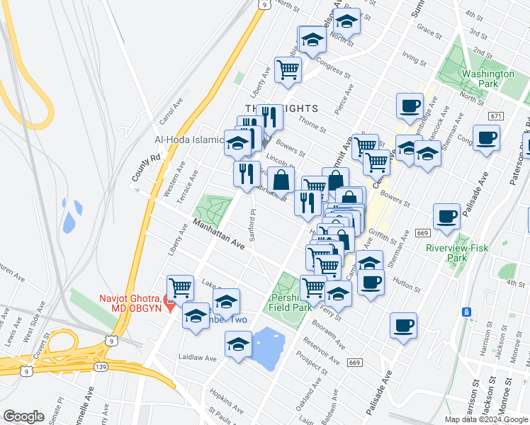map of restaurants, bars, coffee shops, grocery stores, and more near 102 Sherman Place in Jersey City
