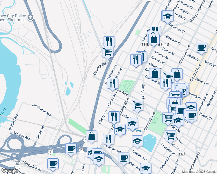map of restaurants, bars, coffee shops, grocery stores, and more near 150 Beach Street in Jersey City