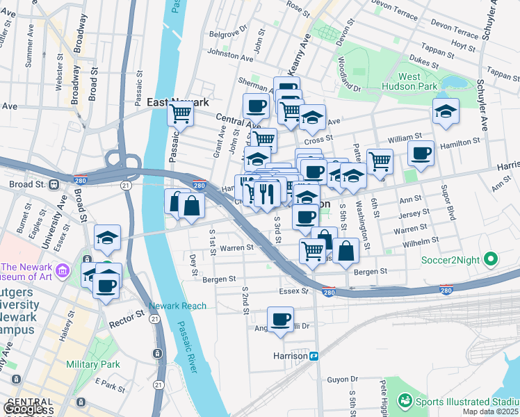 map of restaurants, bars, coffee shops, grocery stores, and more near 238 Harrison Avenue in Harrison