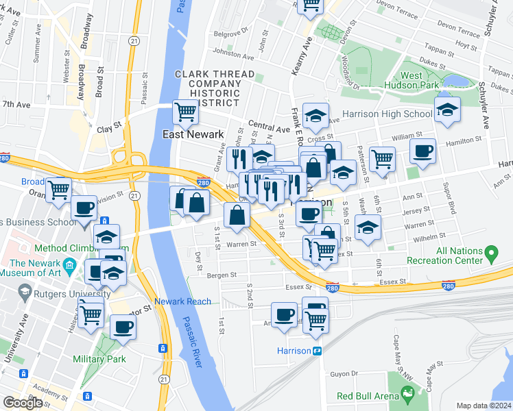 map of restaurants, bars, coffee shops, grocery stores, and more near in Harrison