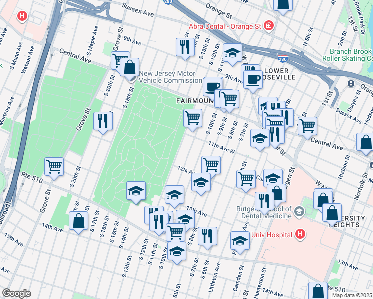 map of restaurants, bars, coffee shops, grocery stores, and more near 243 South 11th Street in Newark